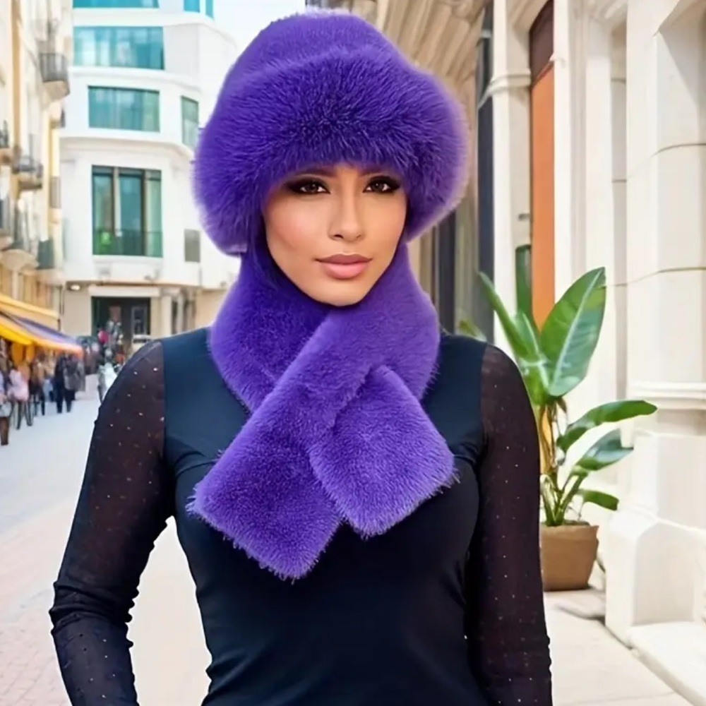 Elegant Purple Fur Hat and Scarf Set